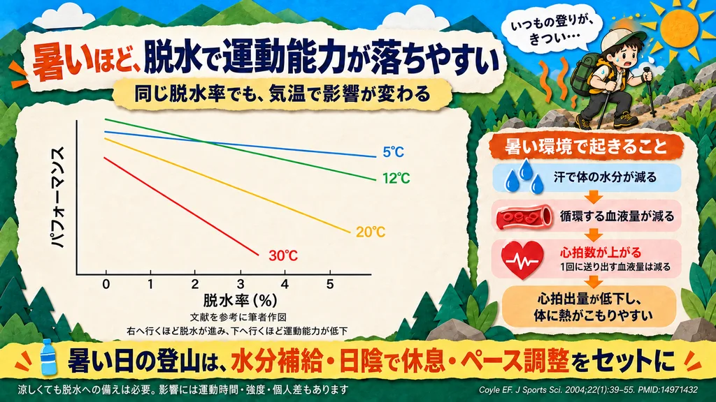 気温と脱水率による運動能力低下のグラフ。5℃・12℃・20℃・30℃で比べると、暑いほど同じ脱水率でも運動能力が落ちやすい(Coyle 2004を参考に作図)