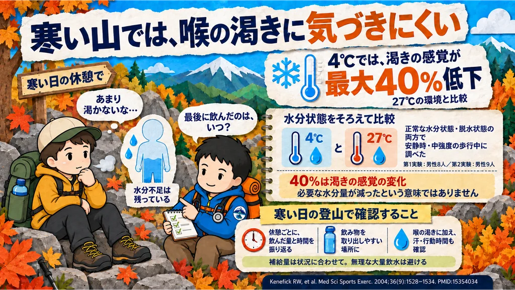 寒い山では喉の渇きに気づきにくいことの図解。4℃では27℃に比べ渇きの感覚が最大40%低下する(Kenefick 2004)。40%は渇きの感覚の変化であり、必要な水分量が減るという意味ではない