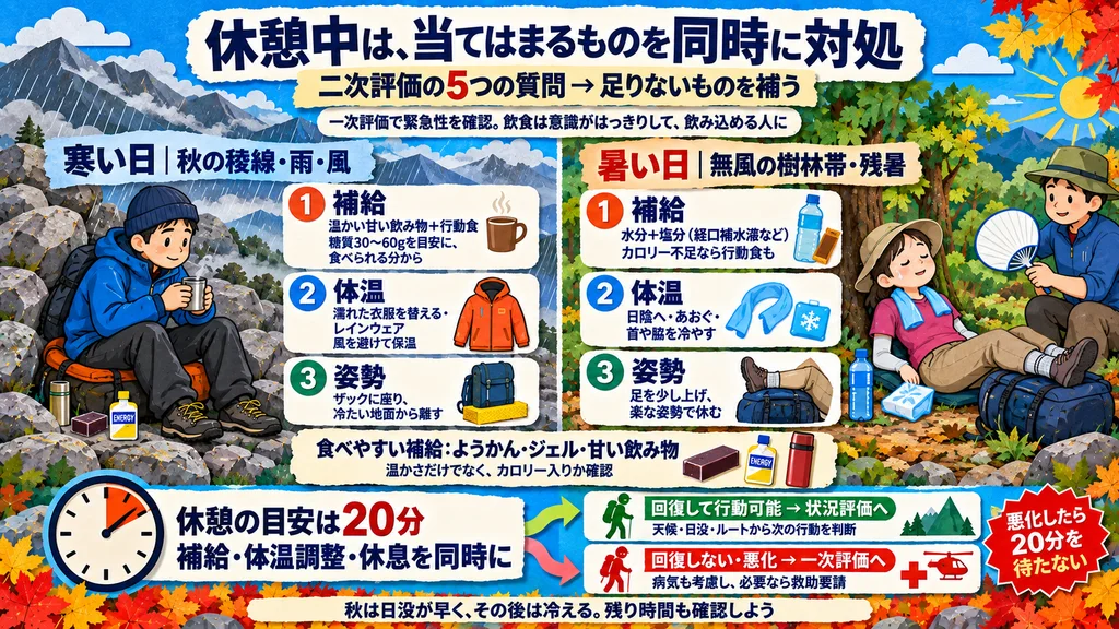 休憩中の対応の図解。寒い日は温かい甘い飲み物と行動食に保温を加え、暑い日は水分と塩分に日陰と冷却を加える。姿勢も含めて同時に対処し、休憩の目安は20分