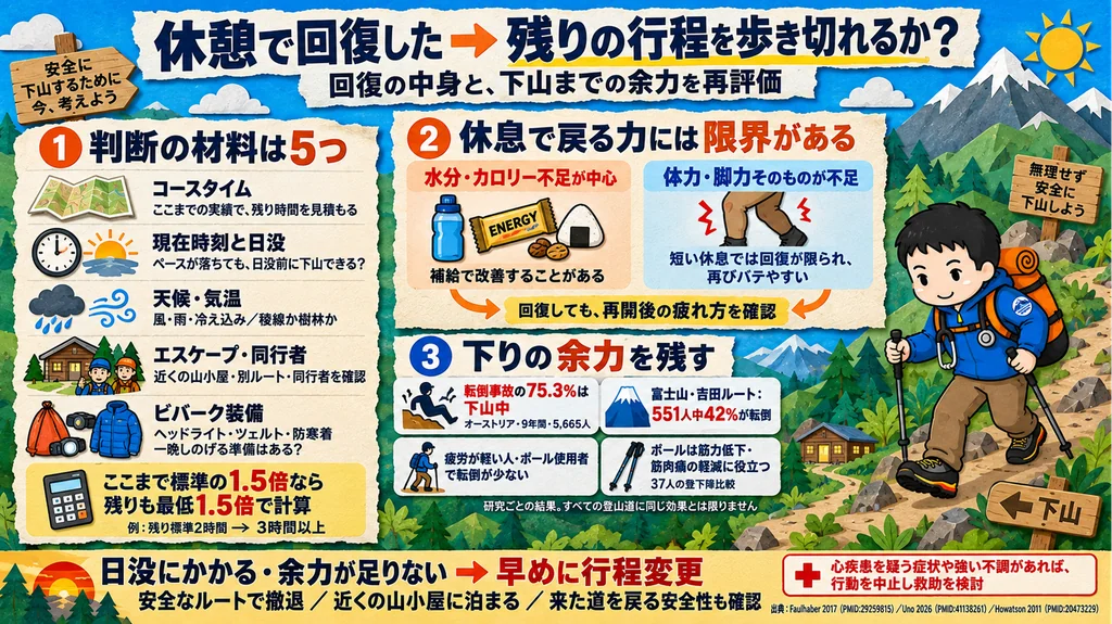 休憩で回復した後に残りの行程を歩き切れるか判断する図解。コースタイム・現在時刻と日没・天候・エスケープと同行者・ビバーク装備の5つで判断する。水分やカロリー不足は補給で改善するが、体力・脚力そのものの不足は短い休息では回復が限られる