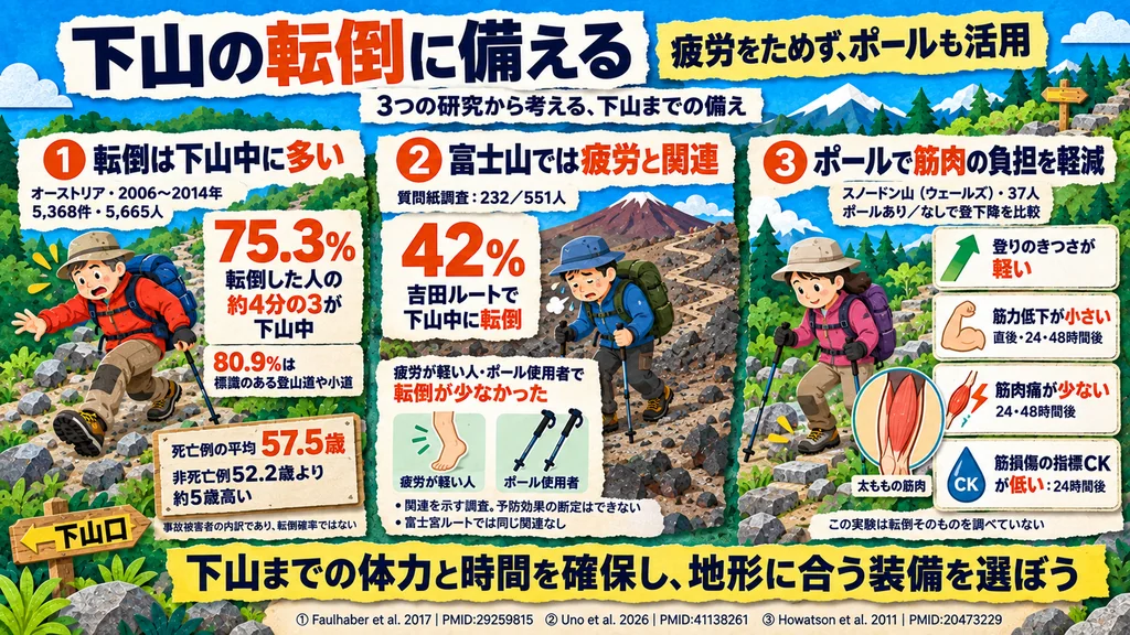 下山の転倒に備える図解。転倒事故の75.3%が下山中に起きており(オーストリア9年間5,665人)、富士山吉田ルートでは551人中42%が下山中に転倒、疲労が軽い人とポール使用者で転倒が少なかった。ポールは下りの筋損傷と筋力低下を軽減する