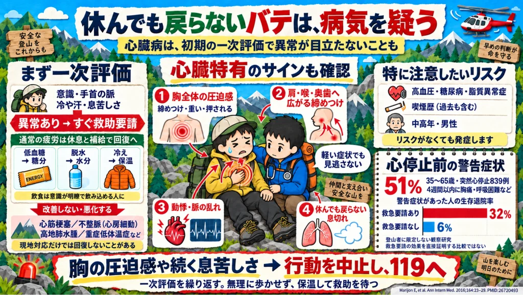 休んでも戻らないバテは病気を疑う図解。一次評価(意識・手首の脈・冷や汗・息苦しさ)に加えて、胸全体の圧迫感、肩・喉・奥歯へ広がる締めつけ、動悸・脈の乱れ、休んでも戻らない息切れを確認する。突然心停止839例では51%に警告症状があり、救急要請した人の生存退院率は32%、しなかった人は6%