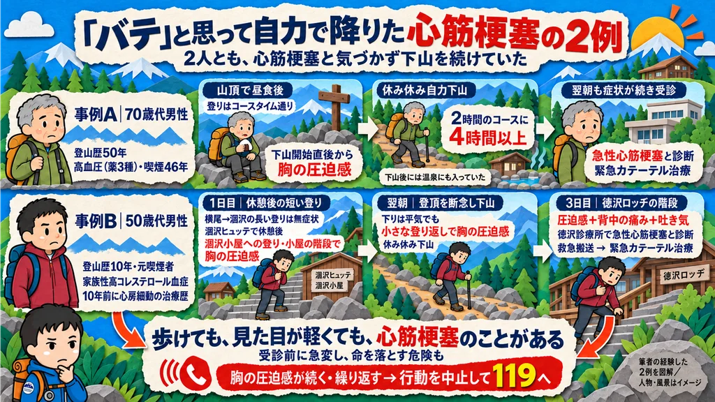 「バテ」だと思って自力で下山した心筋梗塞2例の経過図。70歳代男性は下山開始直後から胸の圧迫感が出てコースタイム2時間の下りに4時間以上かかり、50歳代男性は休憩後の短い登りと小屋の階段で胸の圧迫感が出て3日目に急性心筋梗塞と診断された