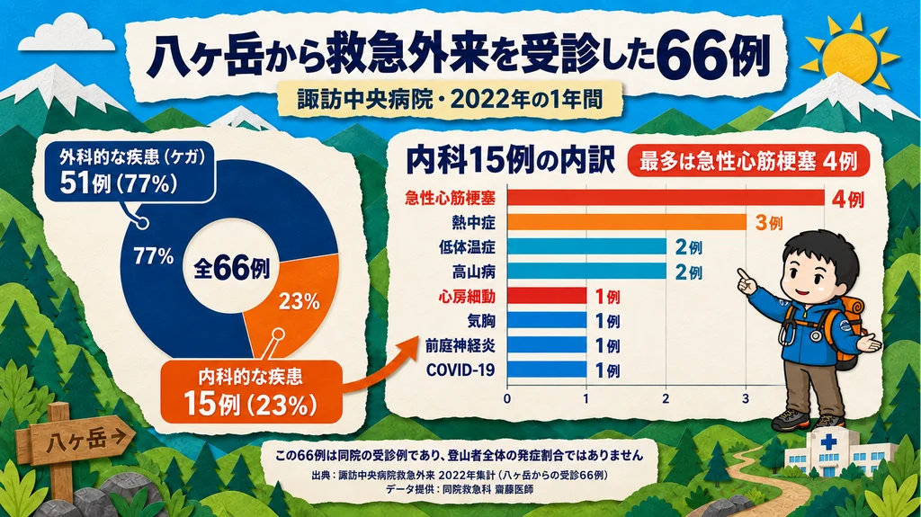 八ヶ岳から諏訪中央病院の救急外来を受診した66例(2022年の1年間)の内訳。外科的疾患51例77%、内科的疾患15例23%で、内科の最多は急性心筋梗塞4例、次いで熱中症3例、低体温症2例、高山病2例