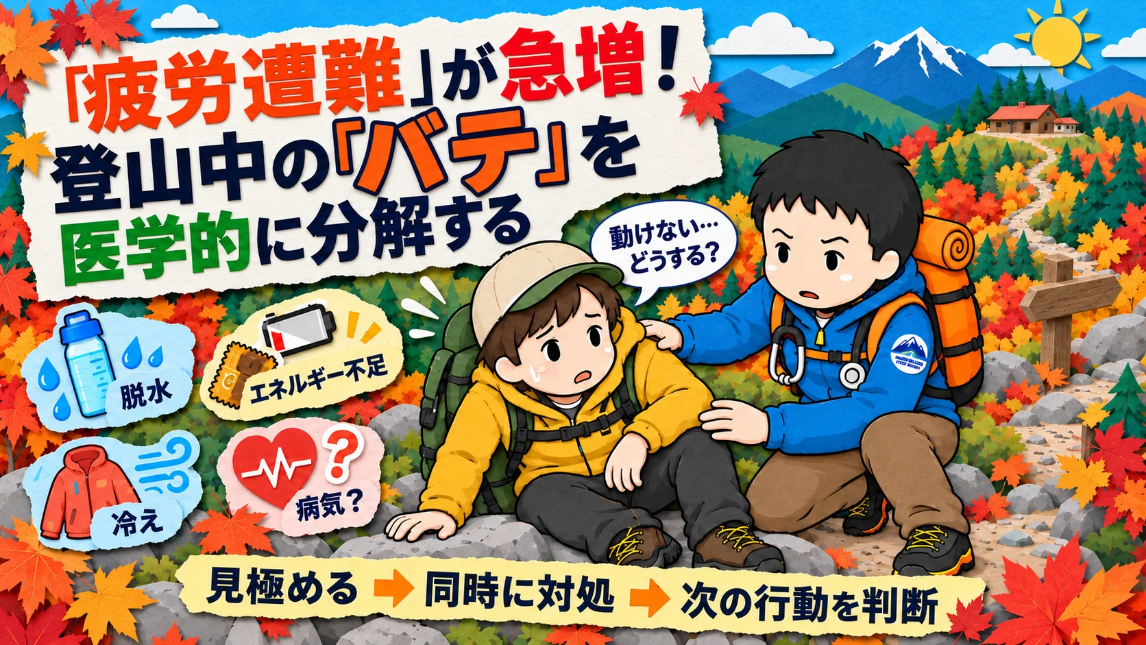記事のアイキャッチ。「疲労遭難」が急増、登山中の「バテ」を医学的に分解する。脱水・エネルギー不足・冷え・病気の4つを見極め、同時に対処し、次の行動を判断する