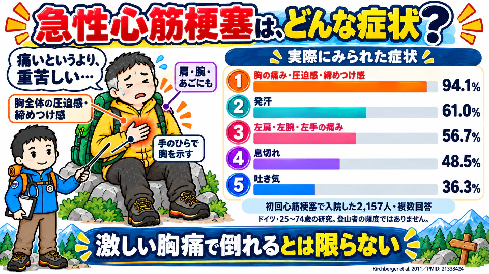 急性心筋梗塞の症状の図解。胸全体の圧迫感・締めつけ感や、肩・腕・あごに響く痛みがある。初回心筋梗塞2,157人の調査では、胸の痛み・圧迫感・締めつけ感94.1%、発汗61.0%、左肩・左腕の痛み56.7%、息切れ48.5%、吐き気36.3%。激しい胸痛で倒れるとは限らない