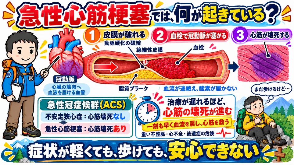 急性心筋梗塞で起きていることの図解。動脈硬化の皮膜が破れ、血栓で冠動脈が塞がり、心筋が壊死する。急性冠症候群には不安定狭心症と急性心筋梗塞が含まれる。治療が遅れるほど壊死が進むため、症状が軽くても、歩けても安心できない