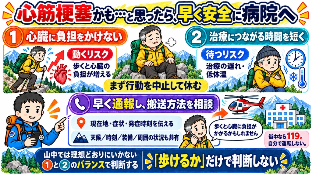 心筋梗塞かもと思ったら早く安全に病院へ向かうための図解。歩くと心臓の負担が増えるリスクと、待つと治療が遅れ低体温になるリスクのバランスで判断する。早く通報し、現在地・症状・発症時刻を伝えて搬送方法を相談する。街中なら119番で、自分で運転しない