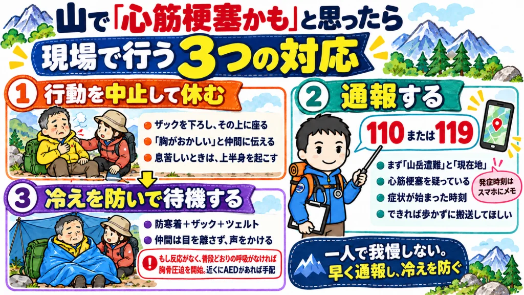 山で心筋梗塞かもと思ったら現場で行う3つの対応の図解。行動を中止して休む。110番または119番に通報し、山岳遭難と現在地、心筋梗塞を疑っていること、症状が始まった時刻を伝える。防寒着とザックとツェルトで冷えを防いで待機する。反応と普段どおりの呼吸がなければ胸骨圧迫を始める