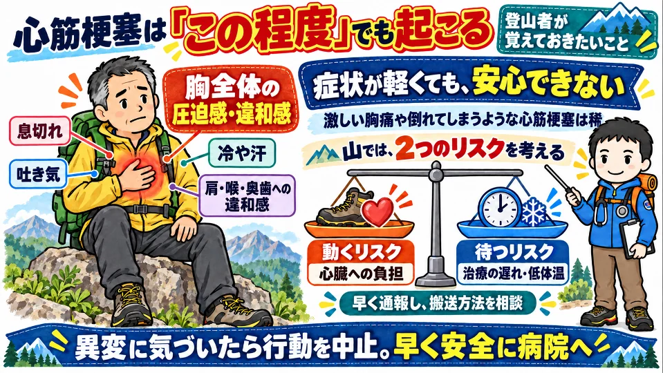 まとめの図解。心筋梗塞は胸全体の圧迫感・違和感程度でも起こり、息切れ、冷汗、吐き気、肩・喉・奥歯への違和感を伴うことがある。山では動くリスクと待つリスクを考え、異変に気づいたら行動を中止して早く安全に病院へ