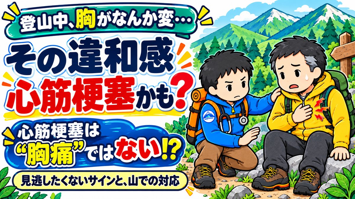 登山中に胸の違和感を訴える登山者に山岳医が寄り添うイラスト。その違和感、心筋梗塞かも?心筋梗塞は胸痛ではない!? 見逃したくないサインと山での対応