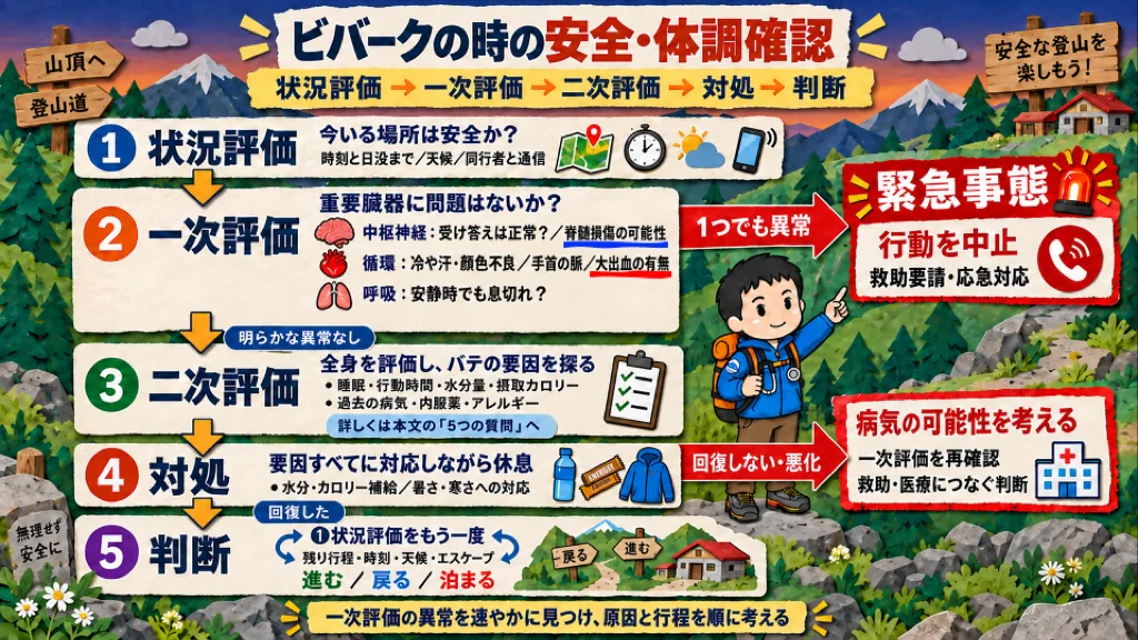 ビバーク中の安全・体調確認の図解。状況評価、一次評価、二次評価、対処、判断の順に重要な異常を確認する。