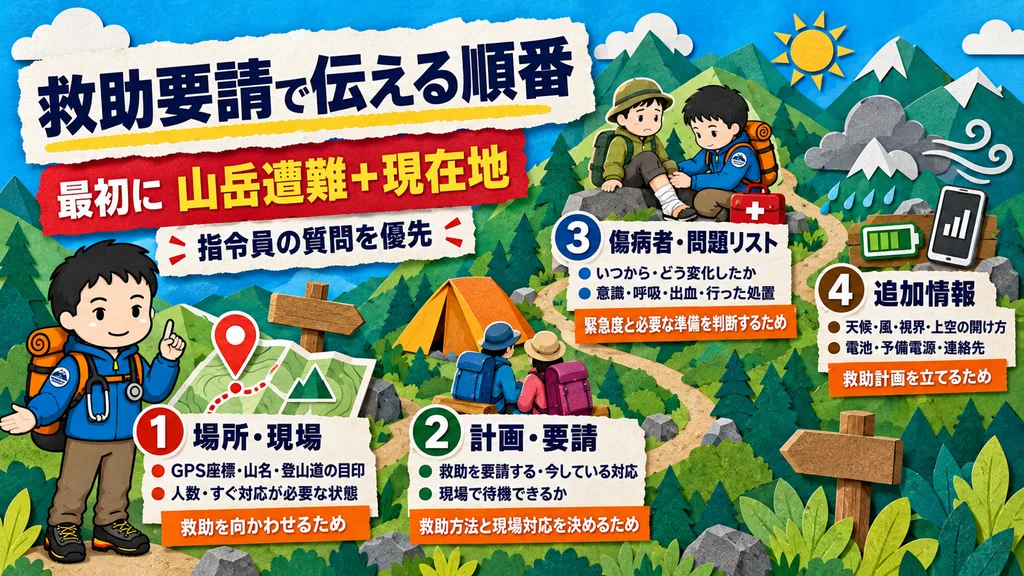 救助要請で伝える順番の図解。最初に山岳遭難と現在地を伝え、場所・現場、計画・要請、傷病者・問題リスト、追加情報を整理する。