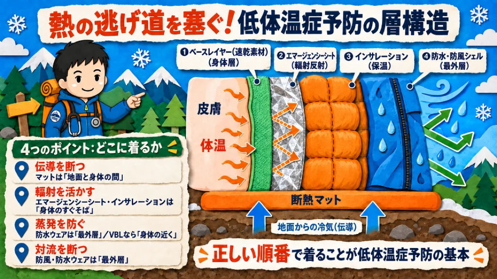 低体温症を防ぐレイヤリングの図解。地面との間にマットを敷き、身体に近いエマージェンシーシート、防寒着、最外層の防水防風シェルを重ねる。