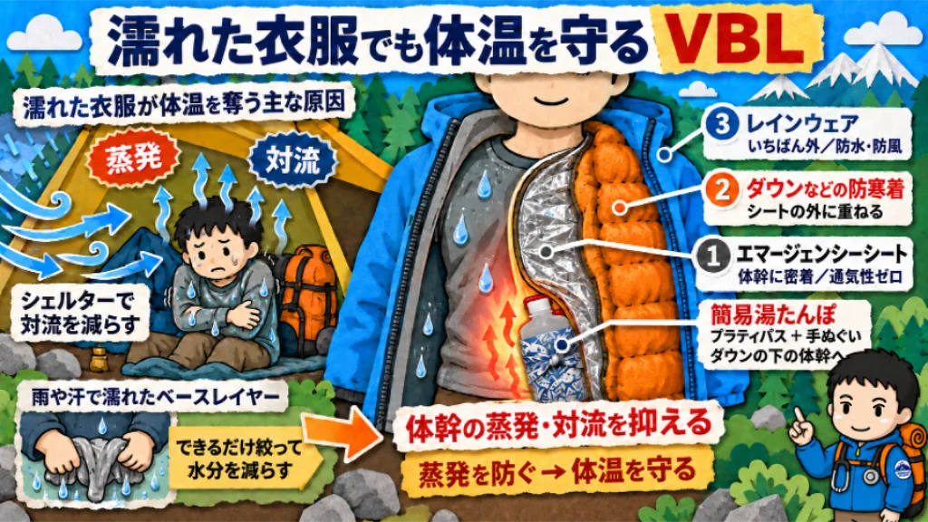 濡れた衣服でも体温を守るVBLの図解。シェルターで対流を減らし、体幹に近いエマージェンシーシートの外へ防寒着とレインウェアを重ねる。
